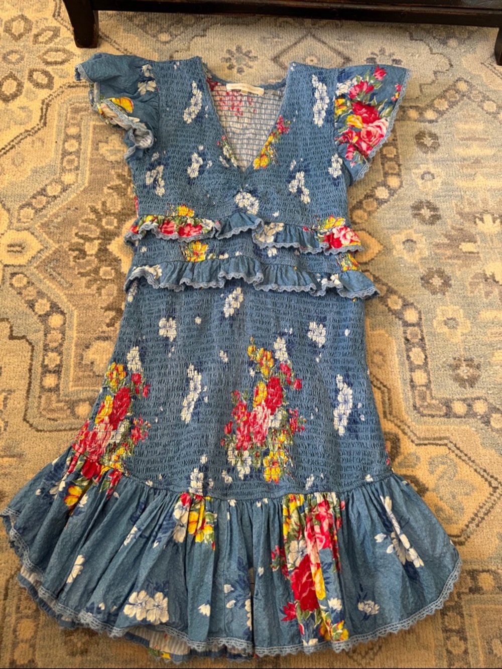 LoveShackFancy Blue Floral Smocked Midi Dress